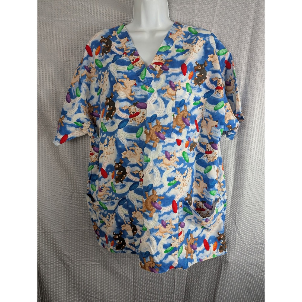 Blue Dog Frisbee XL V-Neck Scrub Top Veterinary Medical Uniform Short Sleeve